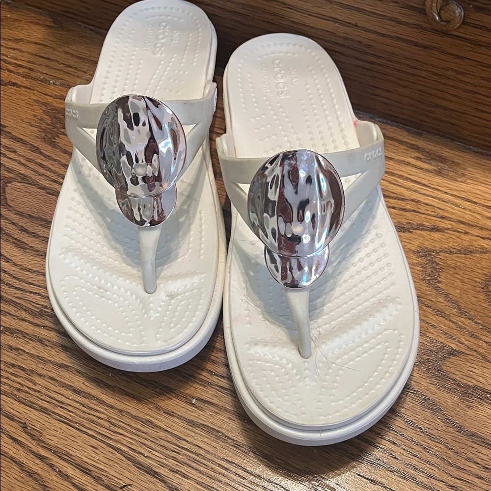 CROCS White Flip Flops with gold Patterned Accents